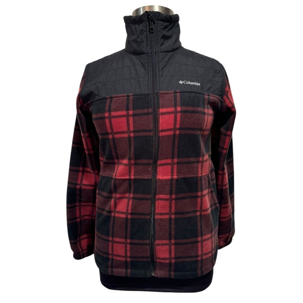 Columbia Womens Red Black Plaid Fleece Jacket Mixed Media Full Zip M gorpcore